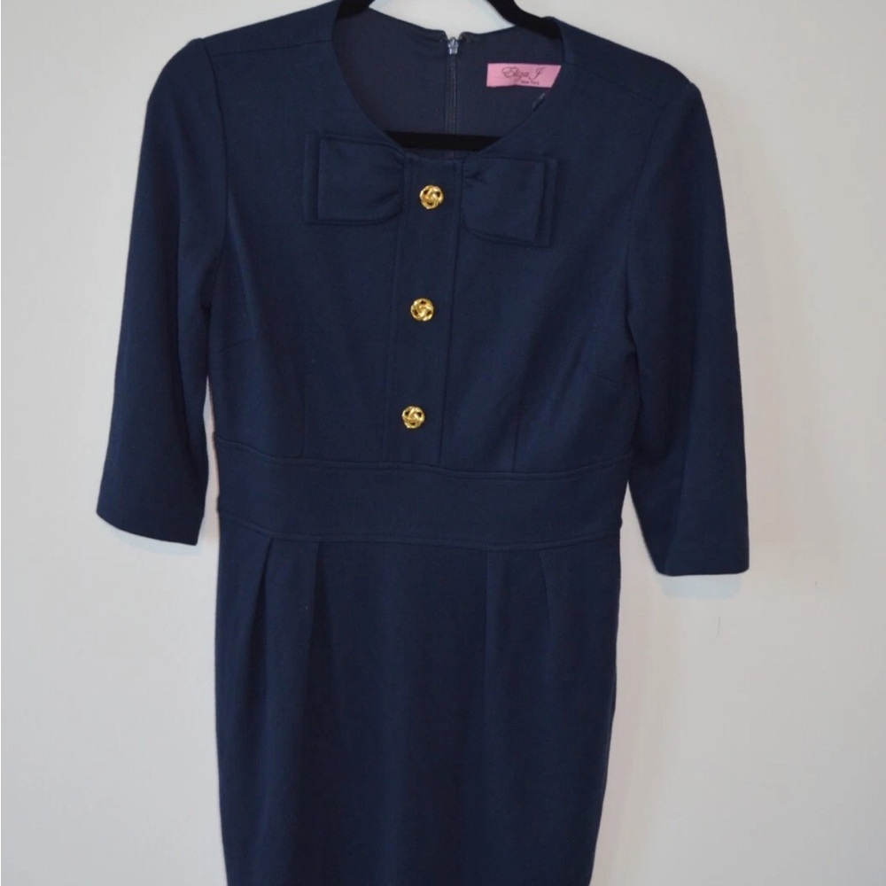Eliza J stretch knit small business Navy Dress with Gold Buttons NWot